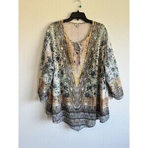 Avenue Womens Mixed Print Beige Blue Blouse Rhinestone Corset Keyhole Neck 26/28